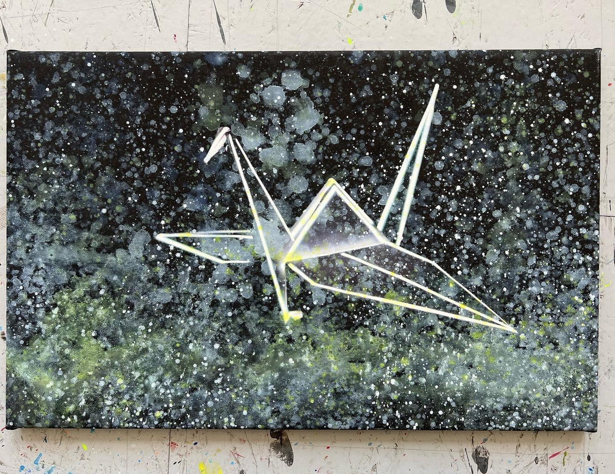 Overpainting on Canvas 2022 // Hidden Places  Origami Crane / Kranich 2020