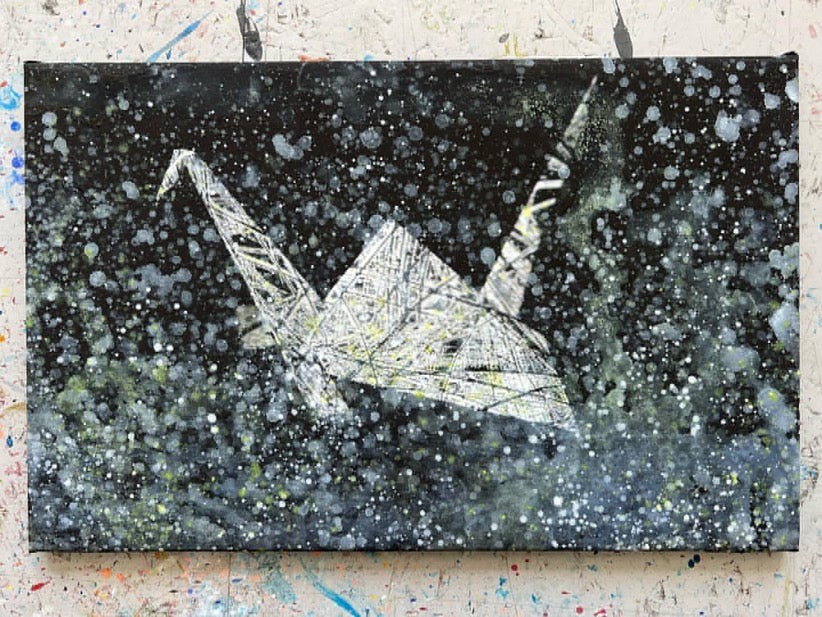 Overpainting on Canvas 2022 // Hidden Places  Origami Crane / Kranich 2020